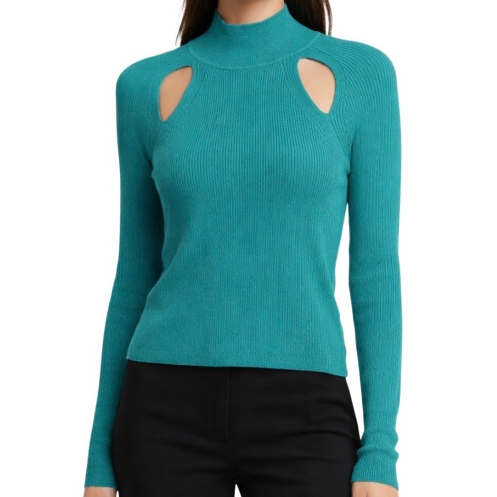 Wild Fable NWT Womens Mock Neck Cutout Ribbed Long Sleeve Sweater‎ Teal Green L